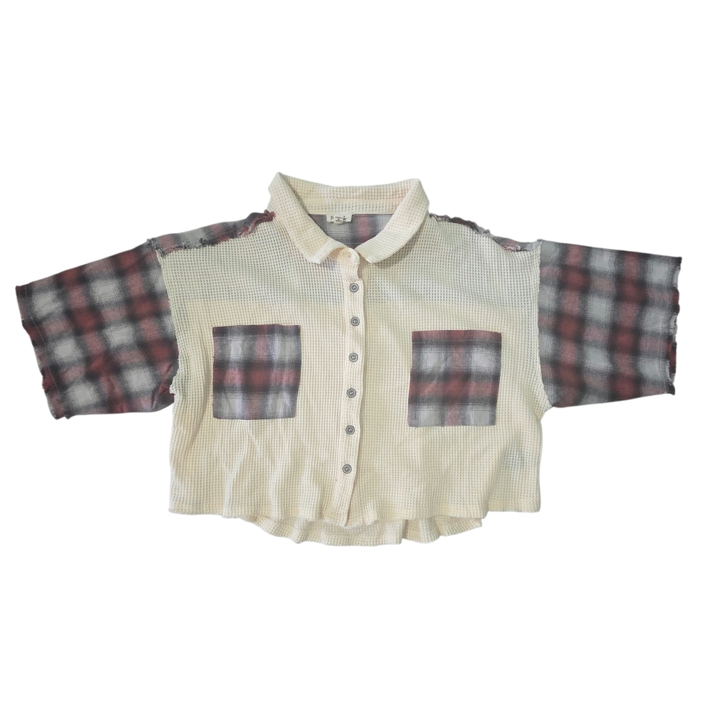 POL Cropped Plaid Spliced Button Up Shirt Womens Sz S Waffle Pattern Cream Red